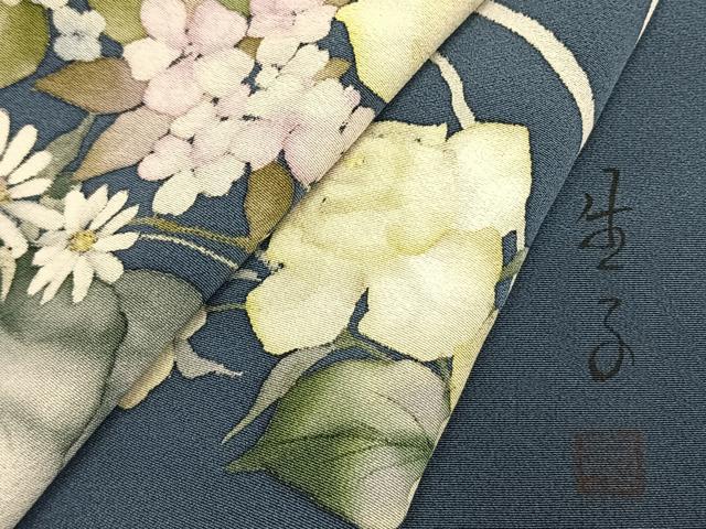 平和屋着物●手描友禅女流作家　一色生子　訪問着　草花文　正絹　逸品　AABL3383fy