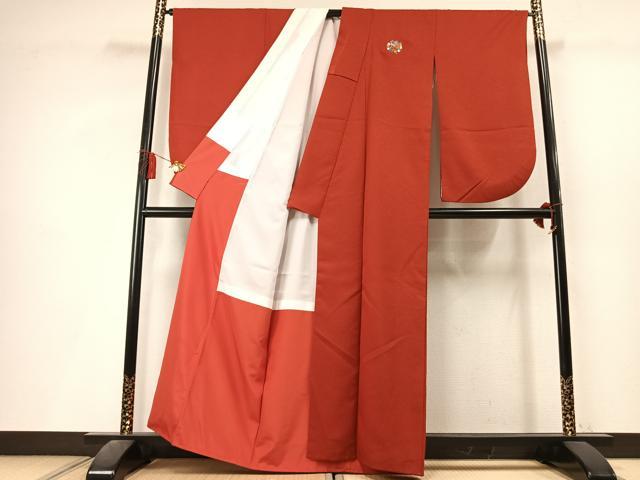 平和屋着物●小振袖　二尺袖　色無地　紋意匠　赤丹色　洗える着物　AABL3388fy