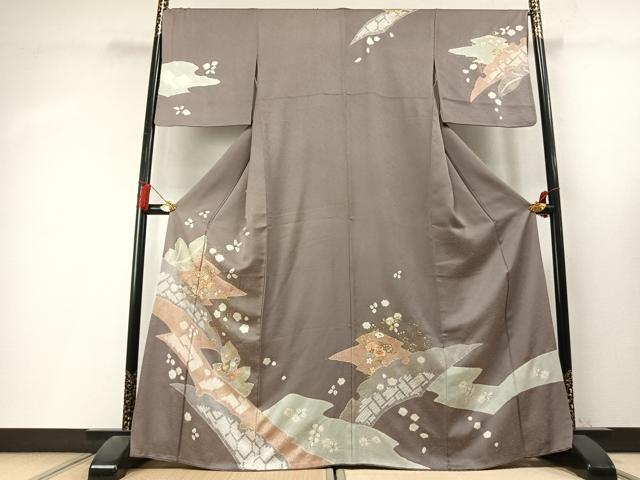 平和屋着物●訪問着　絞り　駒刺繍　草花文　金糸　金彩　さが美扱い　正絹　逸品　AABL3398fy