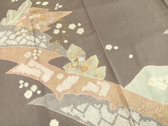 平和屋着物●訪問着　絞り　駒刺繍　草花文　金糸　金彩　さが美扱い　正絹　逸品　AABL3398fy