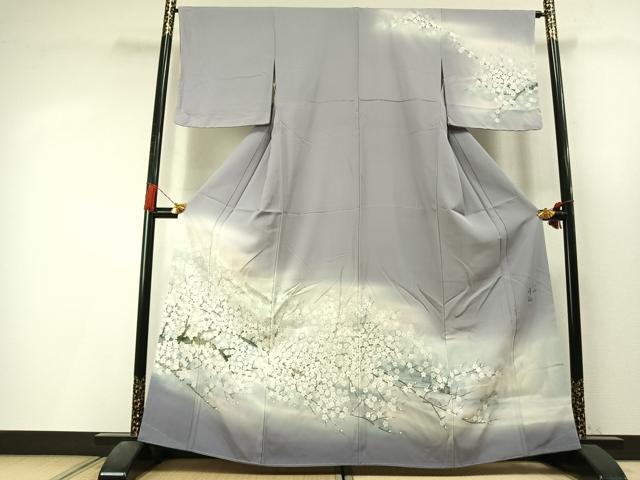 平和屋着物●日本画家　濡れ描き友禅作家　高橋峰陵　訪問着　手描き　枝梅文　暈し染め　正絹　逸品　未使用　AABL3415fy