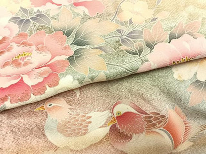 平和屋着物●訪問着　刺繍　鴛鴦花文　暈し染め　金銀彩　正絹　逸品　AABL3430fy