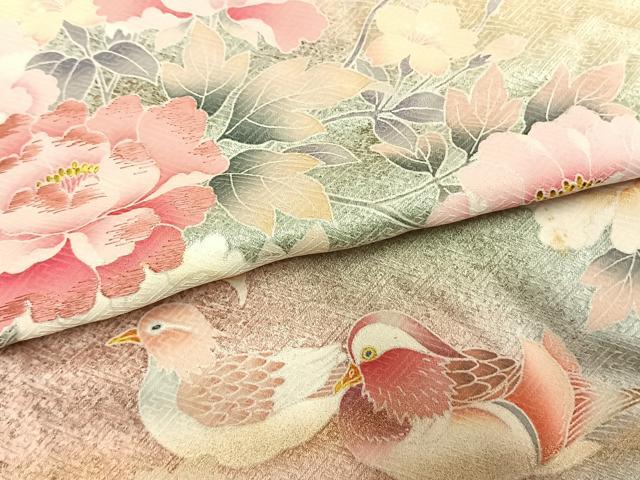 平和屋着物●訪問着　刺繍　鴛鴦花文　暈し染め　金銀彩　正絹　逸品　AABL3430fy