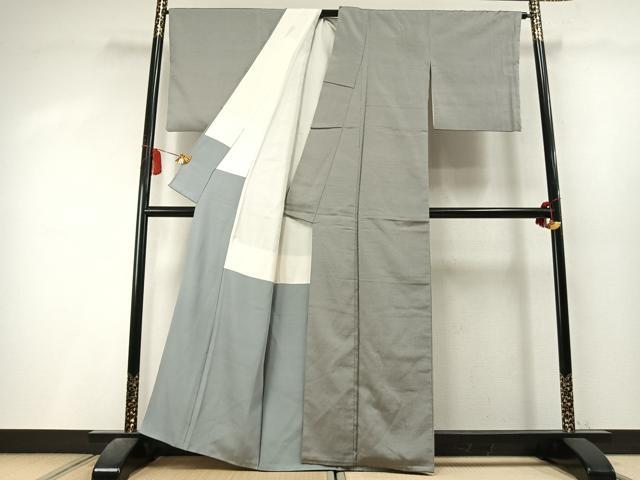 平和屋着物●江戸小紋　万筋　灰色×紫色　お召縮緬　正絹　逸品　AABL3436fy
