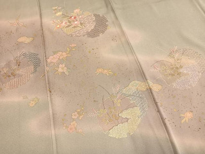 平和屋着物●訪問着　中国三大刺繍　スワトウ刺繍　汕頭刺繍　雪輪重ね花文　暈し染め　金彩　正絹　逸品　AABL3439fy