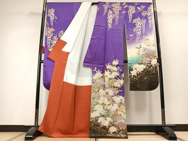 平和屋着物●豪華振袖　駒刺繍　花蝶文　暈し染め　金銀彩　銀通し地　正絹　逸品　AABL3445fy