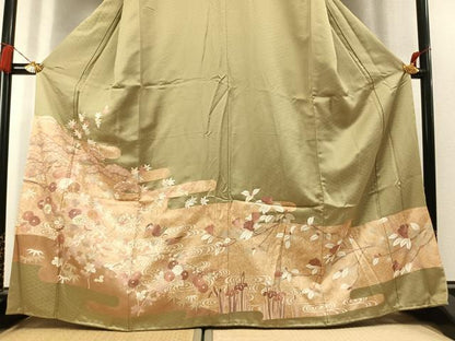 平和屋着物●豪華色留袖　駒刺繍　花鳥文　金彩　正絹　逸品　AABL3456fy