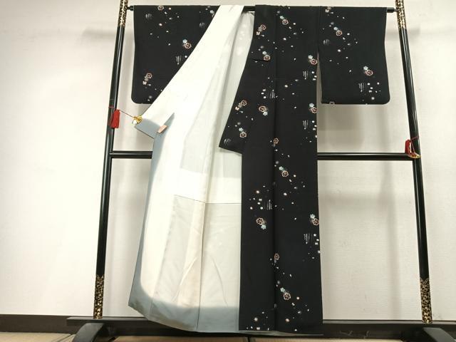 平和屋着物●上質な小紋　花蝶文　暈し染め　黒地　正絹　逸品　AABL3466fy