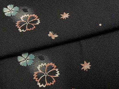 平和屋着物●上質な小紋　花蝶文　暈し染め　黒地　正絹　逸品　AABL3466fy