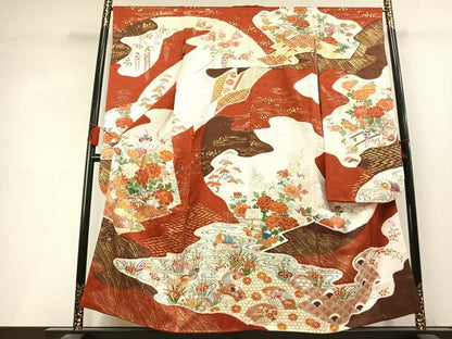 平和屋着物●創業460年・千總　振袖　駒刺繍　花鳥文　金彩　正絹　逸品　AABL3467fy
