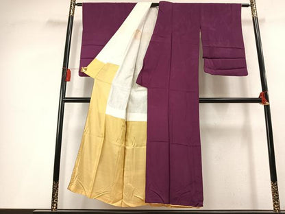 平和屋着物▼アンティーク　大正ロマン　色無地　笹竹地紋　蒲葡色　正絹　逸品　AABL3468fy
