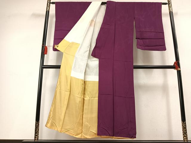 平和屋着物▼アンティーク　大正ロマン　色無地　笹竹地紋　蒲葡色　正絹　逸品　AABL3468fy