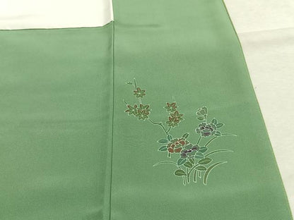 平和屋着物●上質な色無地　花唐草地紋　柳色　正絹　逸品　AABL3478fy