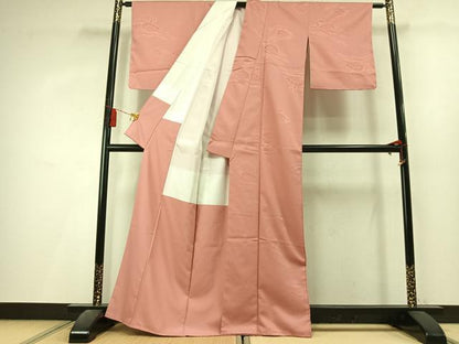 平和屋着物●色無地　源氏車地紋　珊瑚色　洗える着物　未使用　AABL3486fy