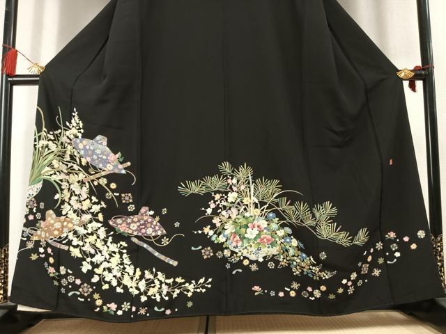平和屋着物●豪華黒留袖　友禅　作家物　草花文　金彩　正絹　逸品　AABL3501fy