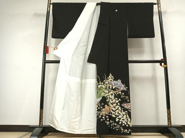 平和屋着物●豪華黒留袖　友禅　作家物　草花文　金彩　正絹　逸品　AABL3501fy