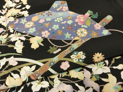 平和屋着物●豪華黒留袖　友禅　作家物　草花文　金彩　正絹　逸品　AABL3501fy