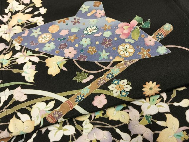 平和屋着物●豪華黒留袖　友禅　作家物　草花文　金彩　正絹　逸品　AABL3501fy