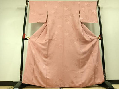 平和屋着物●上質な色無地　枝葉地紋　珊瑚色　正絹　逸品　AABL3509fy