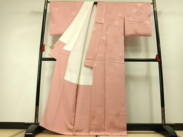 平和屋着物●上質な色無地　枝葉地紋　珊瑚色　正絹　逸品　AABL3509fy