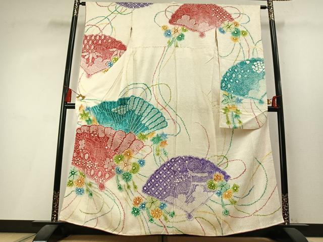 平和屋着物●名門　藤娘きぬたや・総絞り(杢目絞り)　振袖　扇面花文　正絹　逸品　AABL3518fy