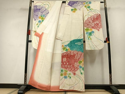 平和屋着物●名門　藤娘きぬたや・総絞り(杢目絞り)　振袖　扇面花文　正絹　逸品　AABL3518fy