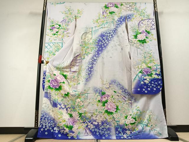 平和屋着物●豪華振袖　草花文　暈し染め　銀彩　正絹　逸品　AABL3527fy
