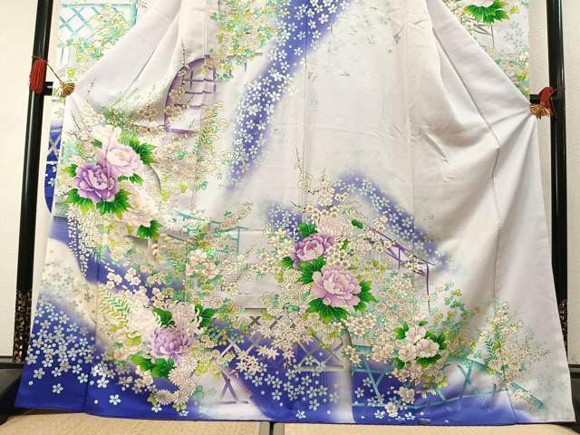 平和屋着物●豪華振袖　草花文　暈し染め　銀彩　正絹　逸品　AABL3527fy