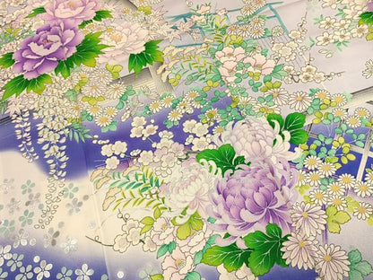 平和屋着物●豪華振袖　草花文　暈し染め　銀彩　正絹　逸品　AABL3527fy