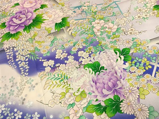 平和屋着物●豪華振袖　草花文　暈し染め　銀彩　正絹　逸品　AABL3527fy