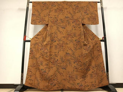 平和屋着物●上質な小紋　型染め　風景花文　鬼しぼ縮緬　正絹　逸品　AABL3536fy