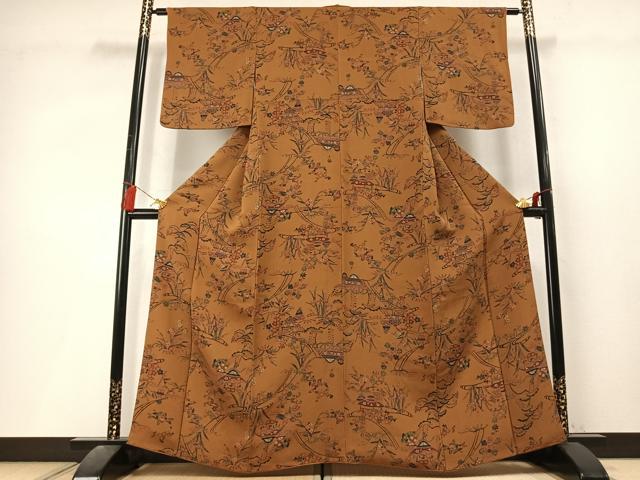 平和屋着物●上質な小紋　型染め　風景花文　鬼しぼ縮緬　正絹　逸品　AABL3536fy