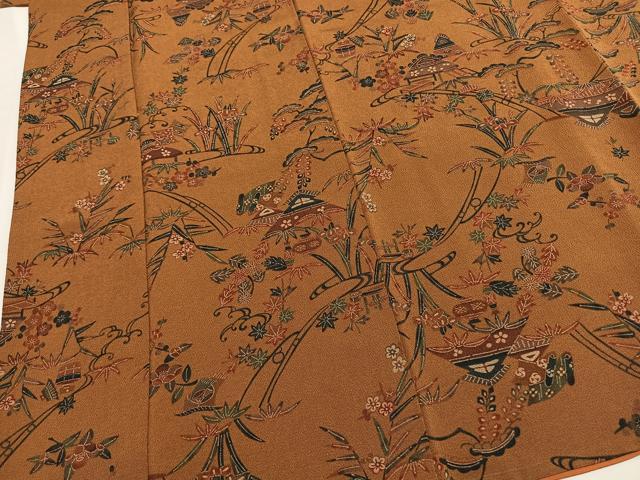 平和屋着物●上質な小紋　型染め　風景花文　鬼しぼ縮緬　正絹　逸品　AABL3536fy