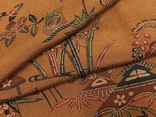 平和屋着物●上質な小紋　型染め　風景花文　鬼しぼ縮緬　正絹　逸品　AABL3536fy