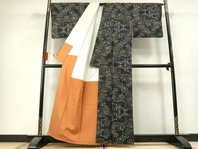 平和屋着物●本場大島紬　7マルキ　草花文　黒地　正絹　逸品　AABL3539fy