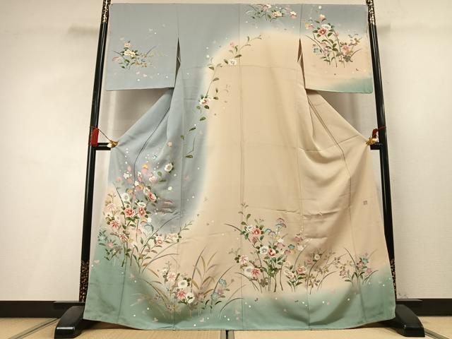 平和屋着物●訪問着　友禅　作家物　枝花文　暈し染め　正絹　逸品　未使用　AABL3543fy