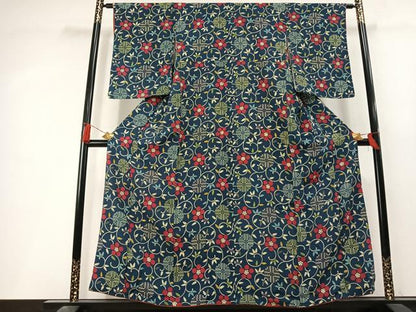 平和屋着物▼上質な小紋　花唐草文　鬼しぼ縮緬　正絹　逸品　AABL3551fy