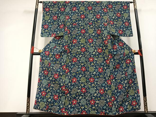 平和屋着物▼上質な小紋　花唐草文　鬼しぼ縮緬　正絹　逸品　AABL3551fy