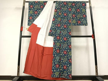 平和屋着物▼上質な小紋　花唐草文　鬼しぼ縮緬　正絹　逸品　AABL3551fy