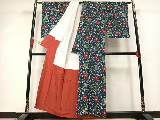 平和屋着物▼上質な小紋　花唐草文　鬼しぼ縮緬　正絹　逸品　AABL3551fy