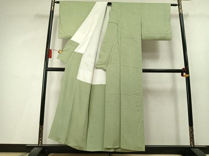 平和屋着物▼上質な色無地　立波地紋　若菜色　正絹　逸品　AABL3564fy