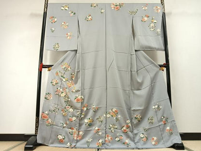 平和屋着物●訪問着　駒刺繍　草花文　金彩　仮絵羽　正絹　逸品　未使用　AABL3568fy