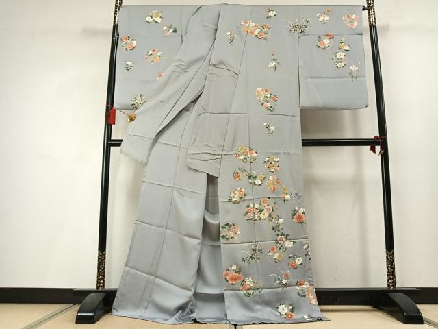 平和屋着物●訪問着　駒刺繍　草花文　金彩　仮絵羽　正絹　逸品　未使用　AABL3568fy