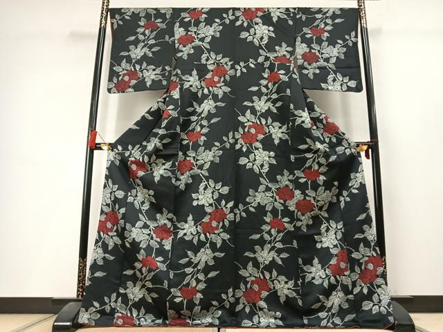 平和屋着物●上質な小紋　枝花文　黒地　ロング丈　正絹　逸品　AABL3575fy