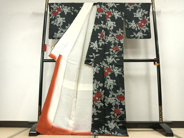 平和屋着物●上質な小紋　枝花文　黒地　ロング丈　正絹　逸品　AABL3575fy