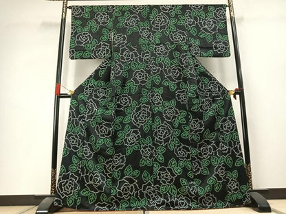 平和屋着物●上質な小紋　総絞り　薔薇　黒地　正絹　逸品　未使用　AABL3580fy