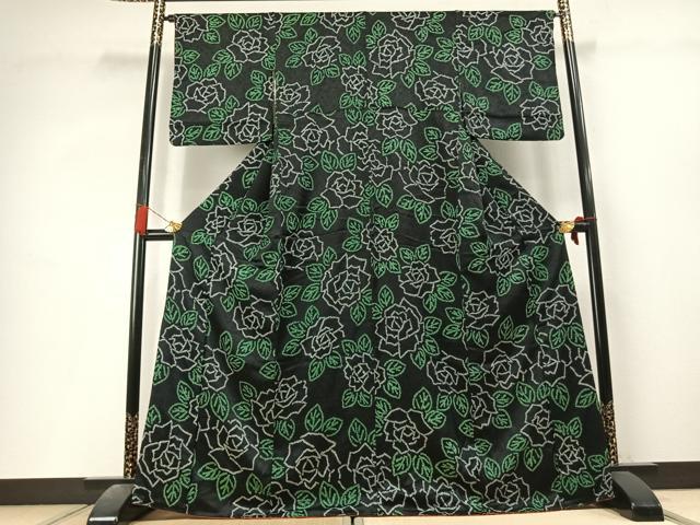 平和屋着物●上質な小紋　総絞り　薔薇　黒地　正絹　逸品　未使用　AABL3580fy