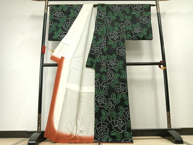 平和屋着物●上質な小紋　総絞り　薔薇　黒地　正絹　逸品　未使用　AABL3580fy