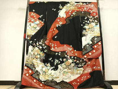 平和屋着物●豪華振袖　絞り　片輪車花蝶文　黒地　金銀彩　正絹　逸品　AABL3600fy
