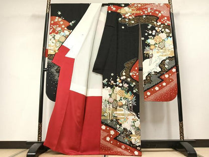 平和屋着物●豪華振袖　絞り　片輪車花蝶文　黒地　金銀彩　正絹　逸品　AABL3600fy